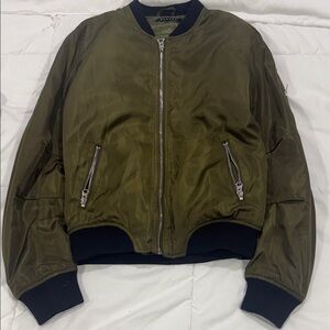 Olive Green Bomber Jacket with Zipper Details